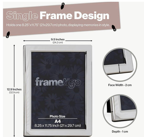 Luxury Silver Plated Flat Edge Picture Frame (Frametigo) A4(8.25”x11.75”) Large